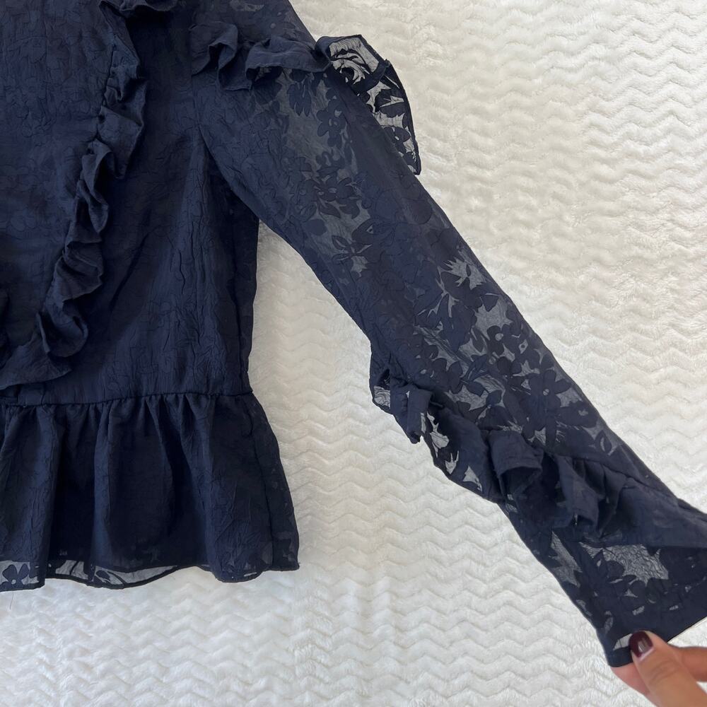 H&M Navy Blue Sheer Floral Ruffle Peplum Long Sleeve Shirt Top Womens Sz 4 - Picture 4 of 11